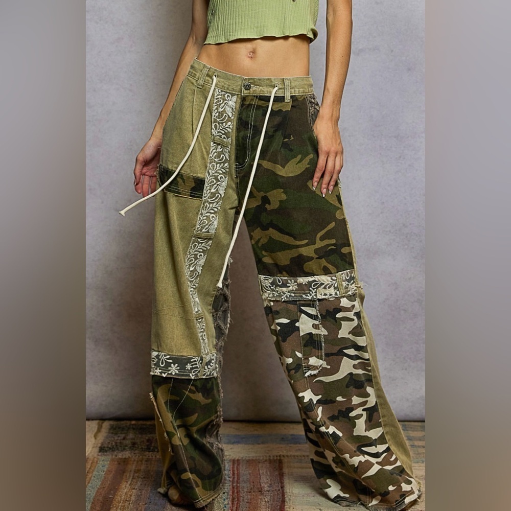 POL Patchwork Camouflage & Olive Wide-Leg Pants